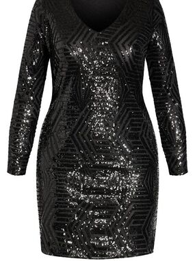 City Chic Black Sequin V-Neck Long Sleeve Dress